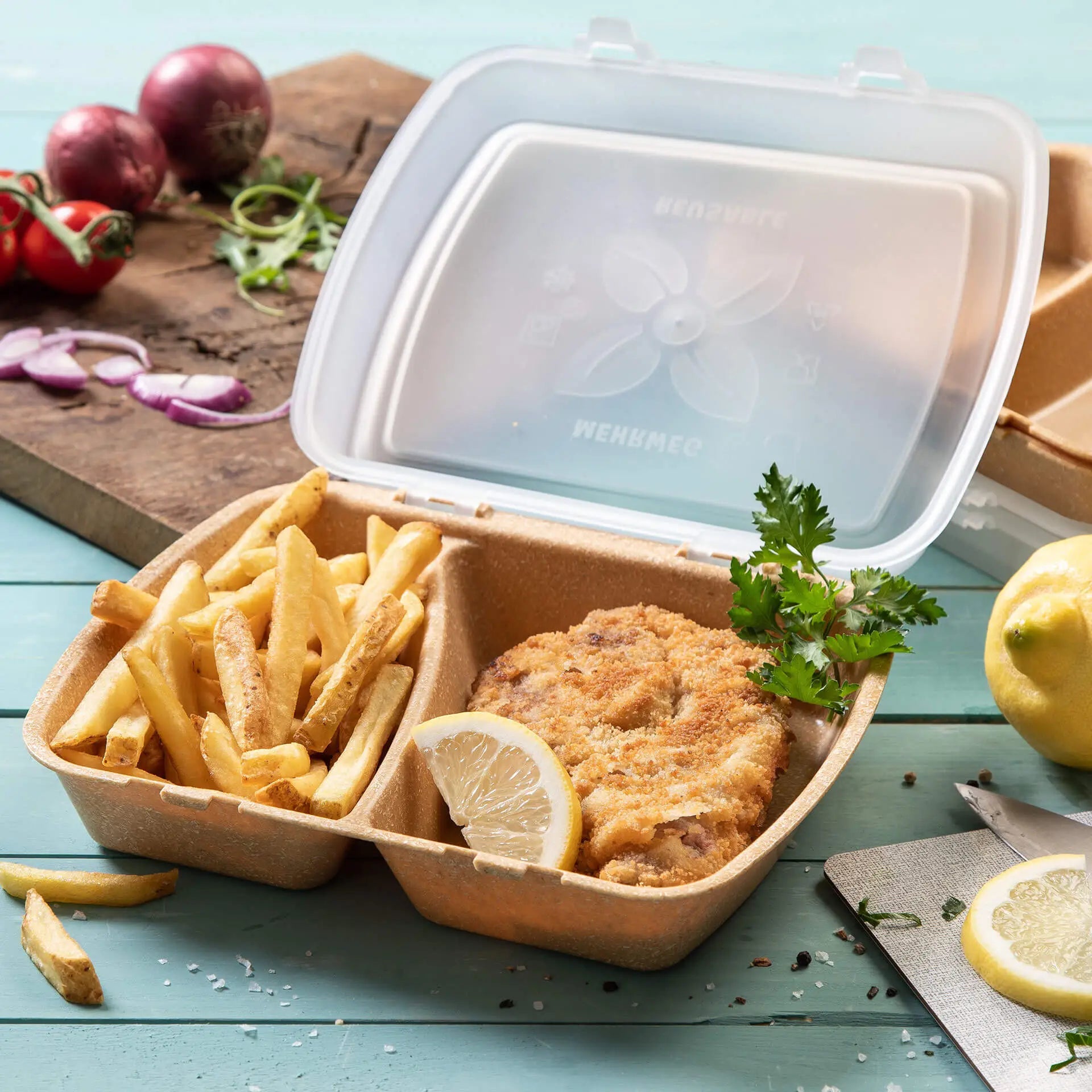 | 2 FOR 1 | Reusable meal containers "merways Box" 24.5 x 20 x 4.5 cm, 2 compartments, HP4/2, caramel / brown