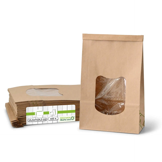 Block bottom bags with window L, 15.5 x 7 x  24.2 cm, PLA-foil, brown, tin tie, kraft paper